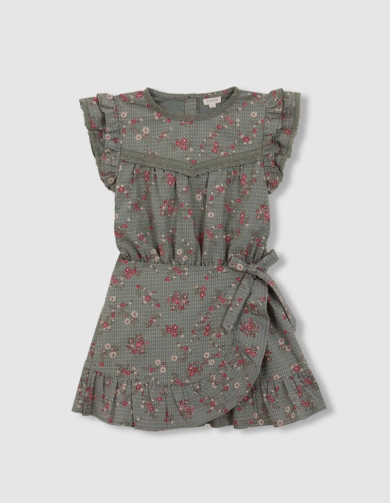 Vestido verde estampado de flores con tiras bordadas