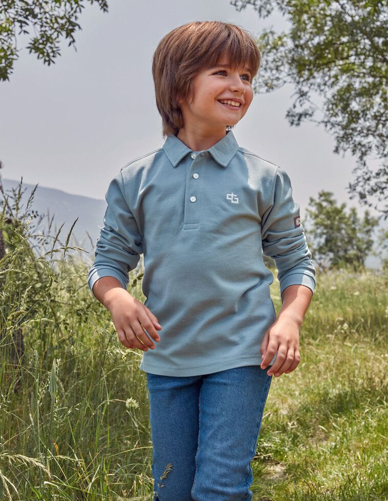 Polo Manga Larga Logo Pique Azul Nuevo 