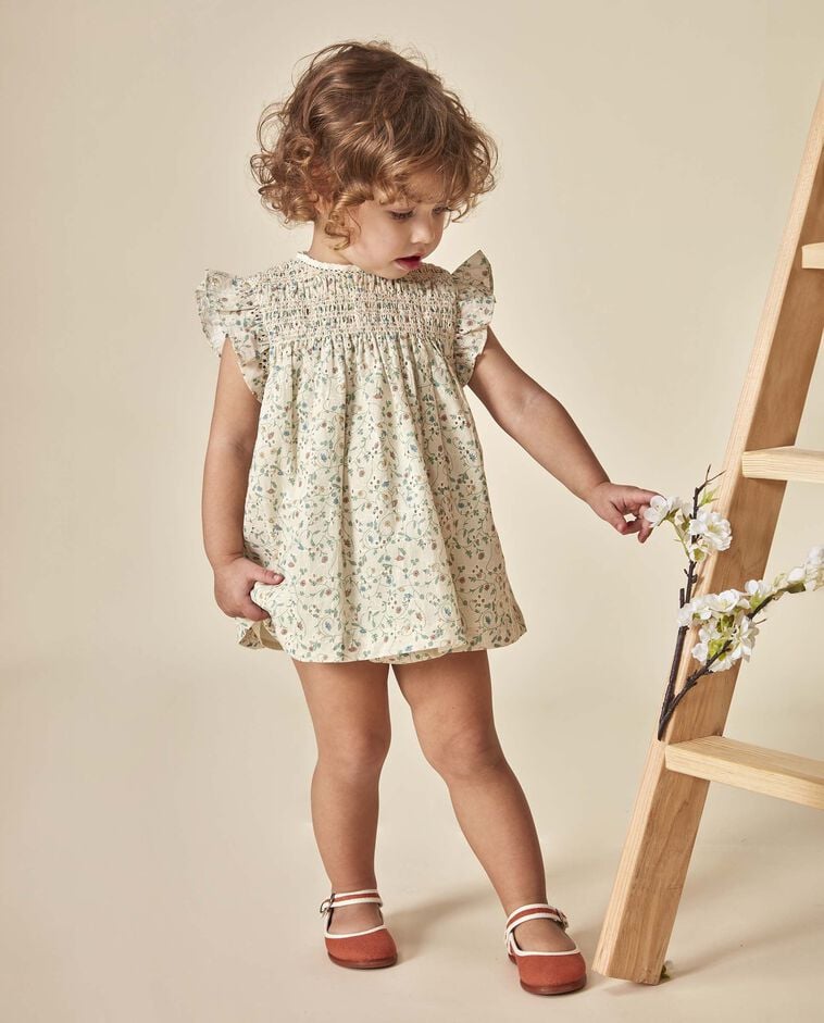 Vestido de flores con smock piedra