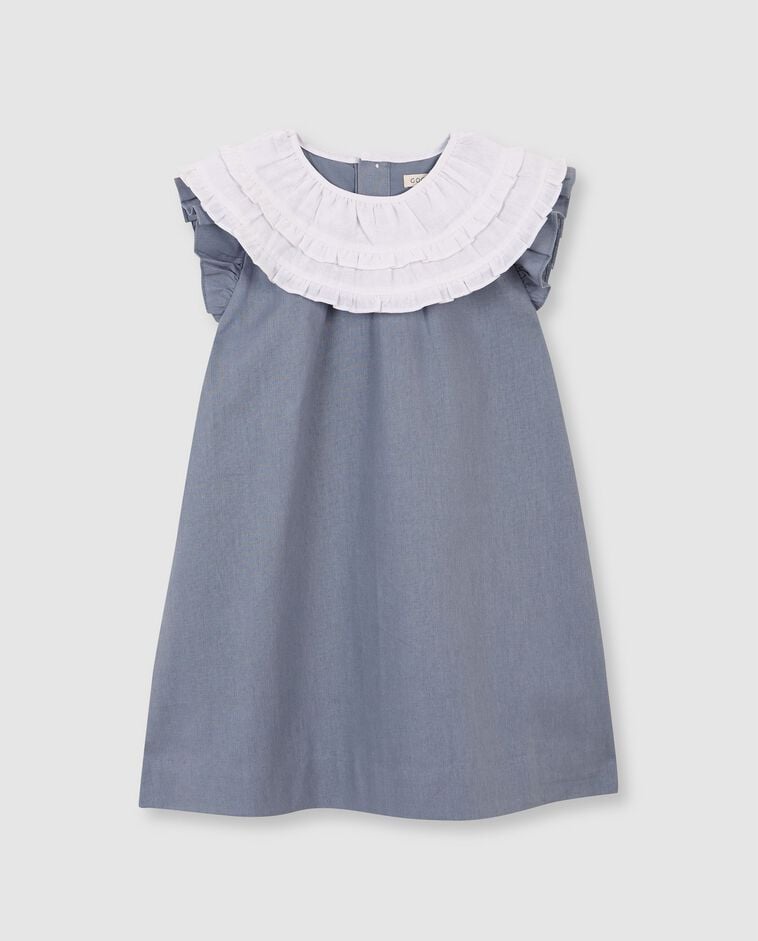 Vestido lino cuello contraste azul