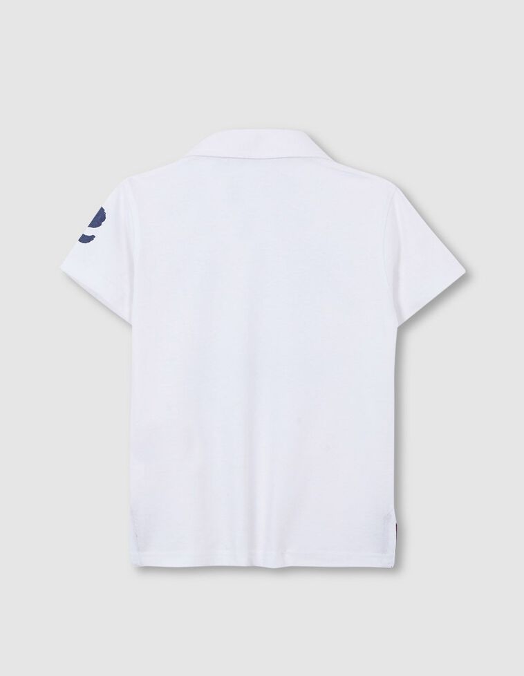 Polo de jersey blanco con estampado en azul y berenjena