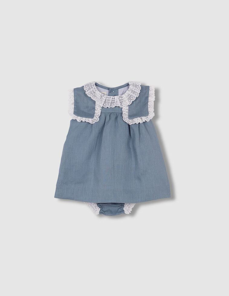 Vestido lino con tiras bordadas turquesa oscuro
