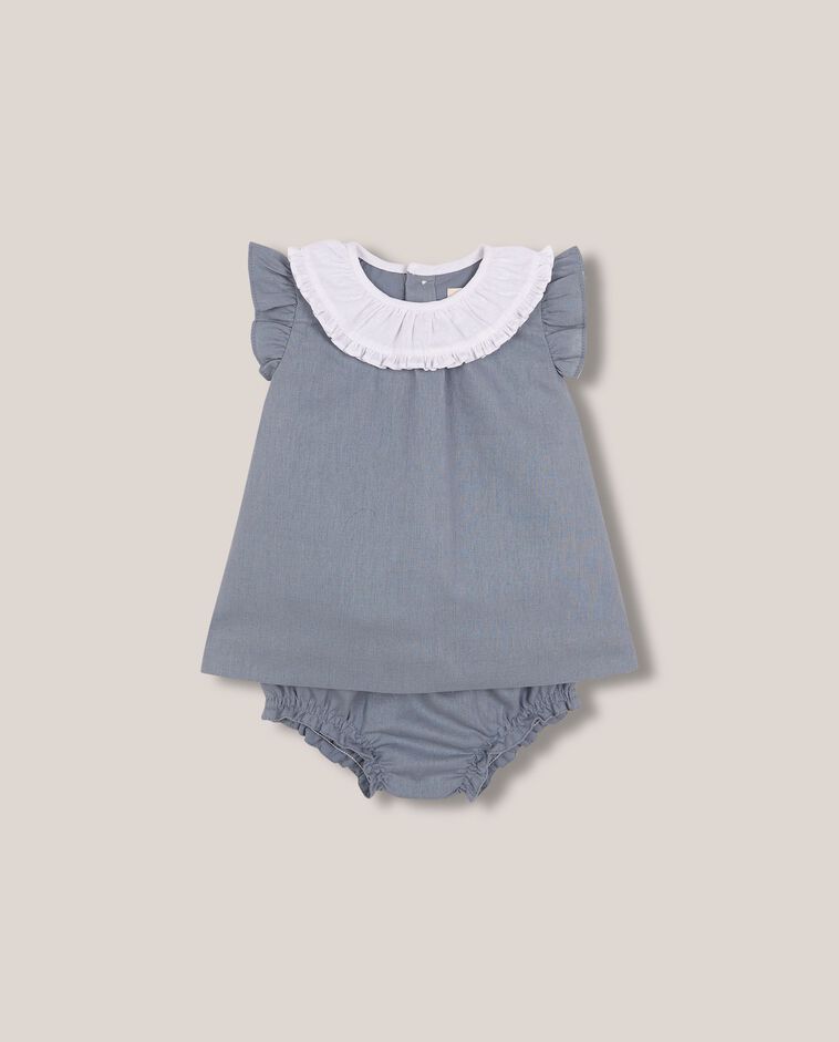 Vestido lino con cuello a contraste azul