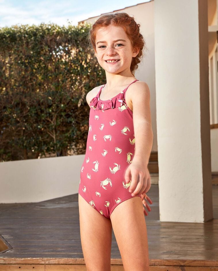 Ba&ntilde;ador de rayas con volante en cintura coral