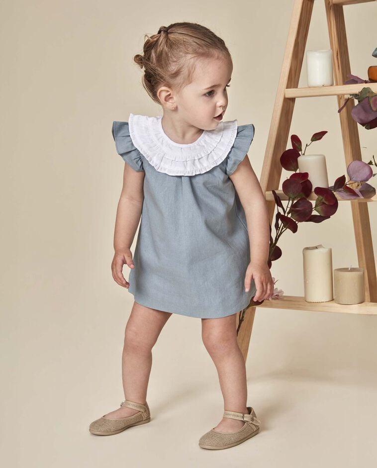 Vestido lino cuello contraste gris