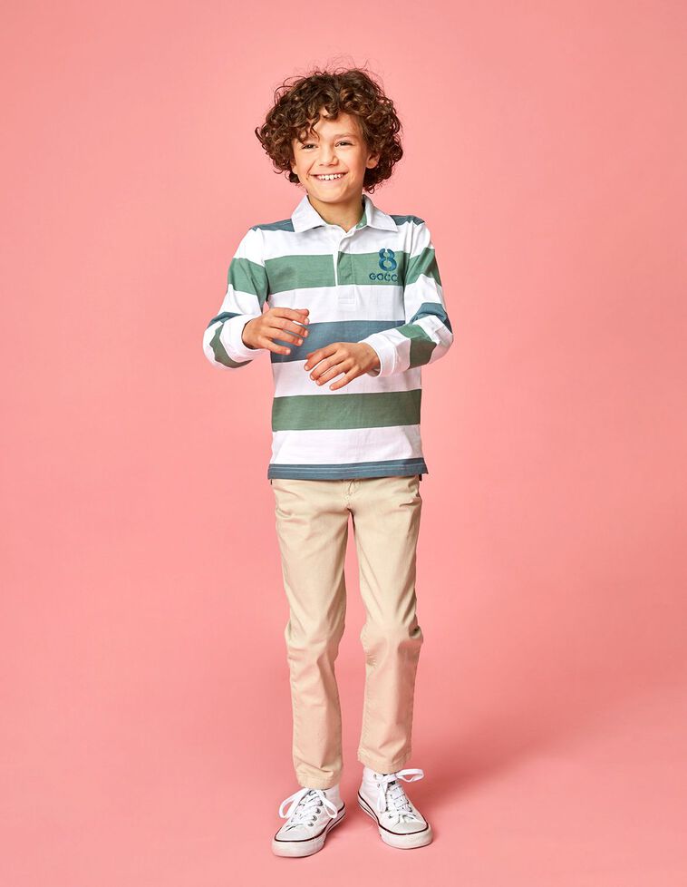Polo de manga larga con rayas en verde, azul y blanca