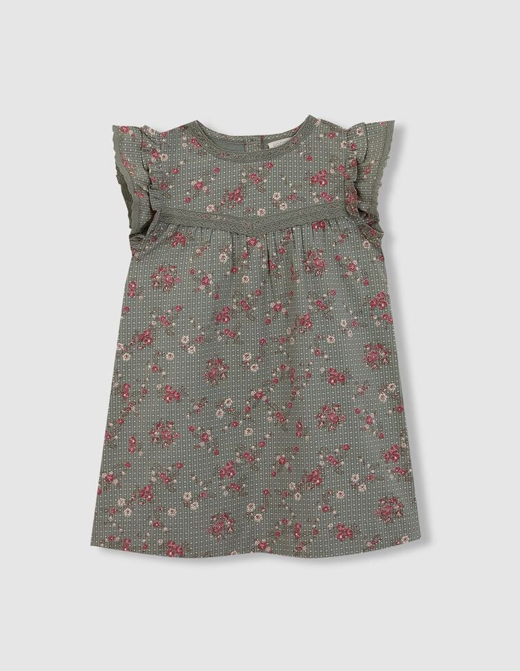 Vestido verde estampado de flores con tiras bordadas