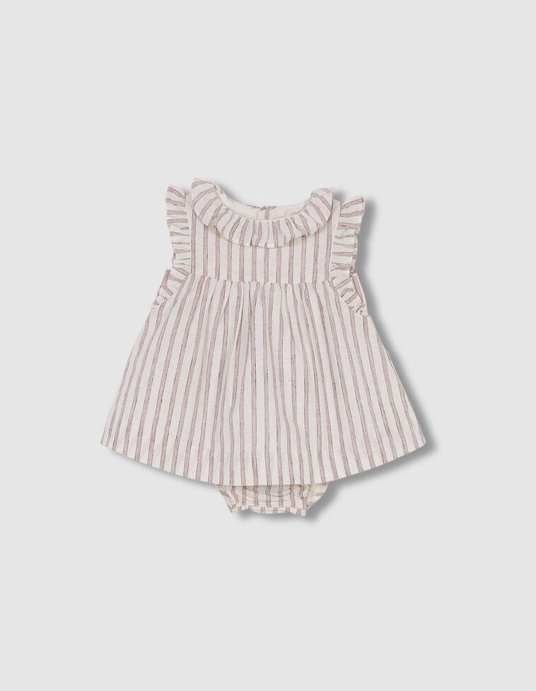 Vestido de rayas con volantes blanco roto y marsala