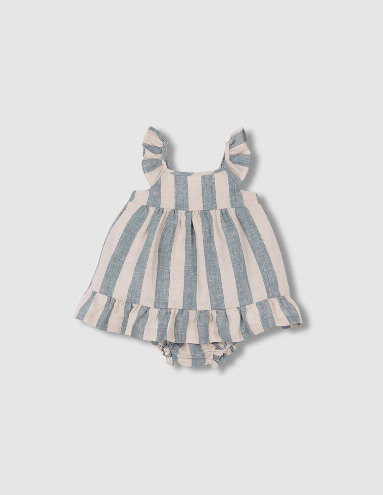 Vestido de lino de rayas azul y piedra