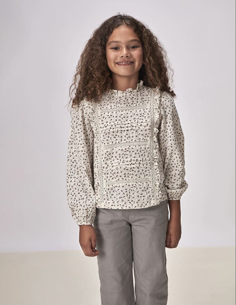 Camisa Estampada Con Tiras Bordadas Crudo