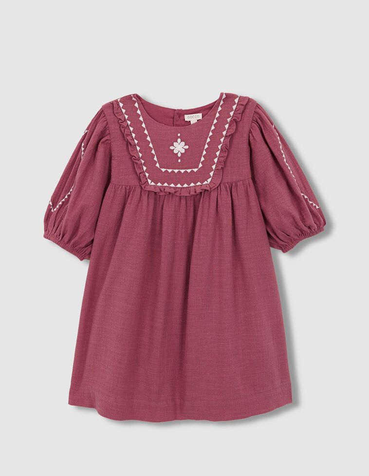 Vestido manga abullonada con bordados rosa