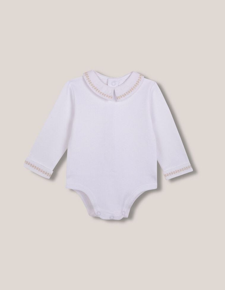 Body manga larga con cuello bordado blanco