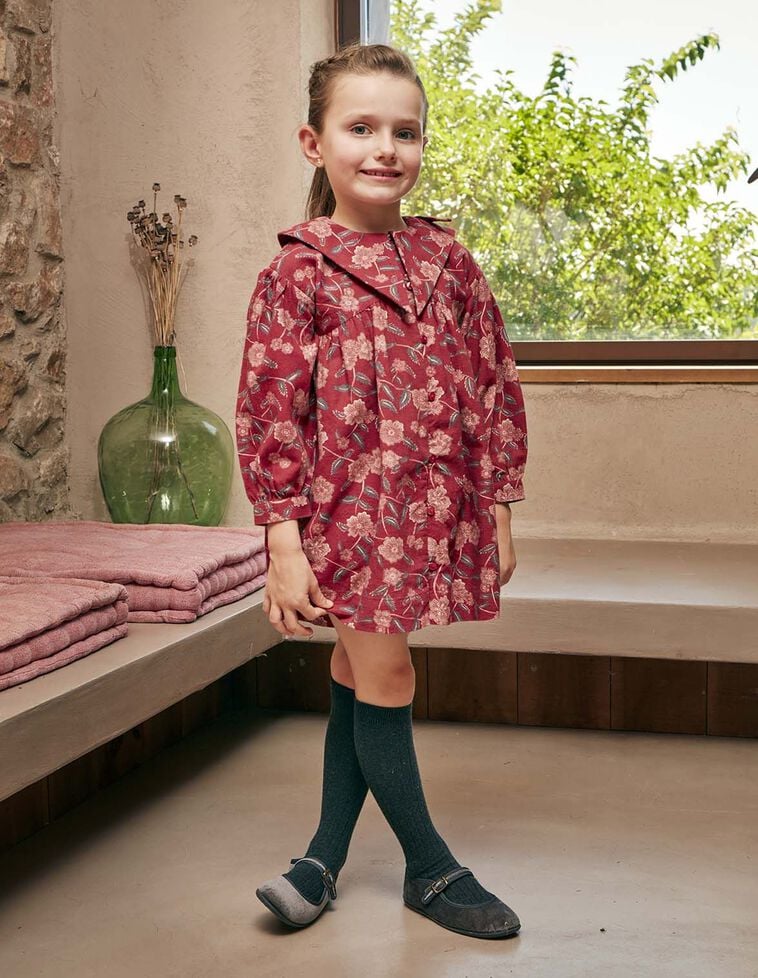 Vestido estampado flores cuello grande granate Vestido estampado flores cuello grande granate