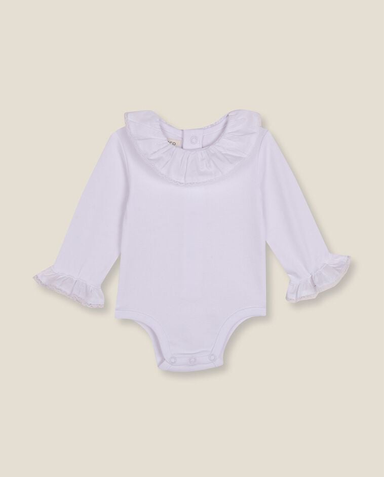 Body manga larga cuello volante blanco reci&eacute;n nacido