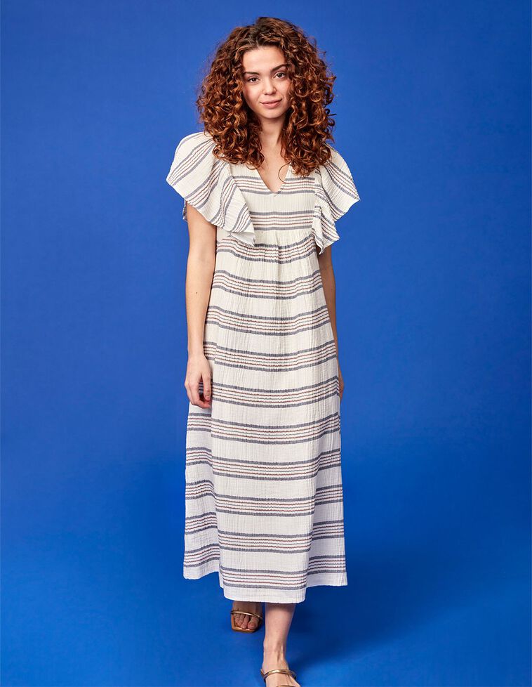 Vestido de rayas horizontales azul medio y berenjena