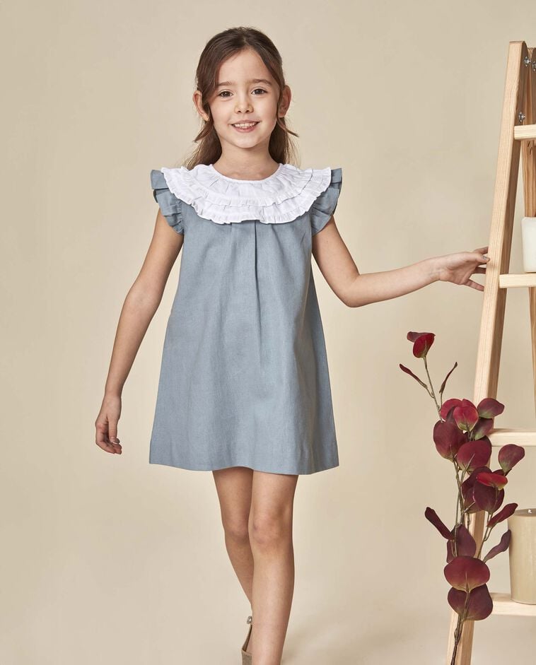 Vestido lino cuello contraste azul