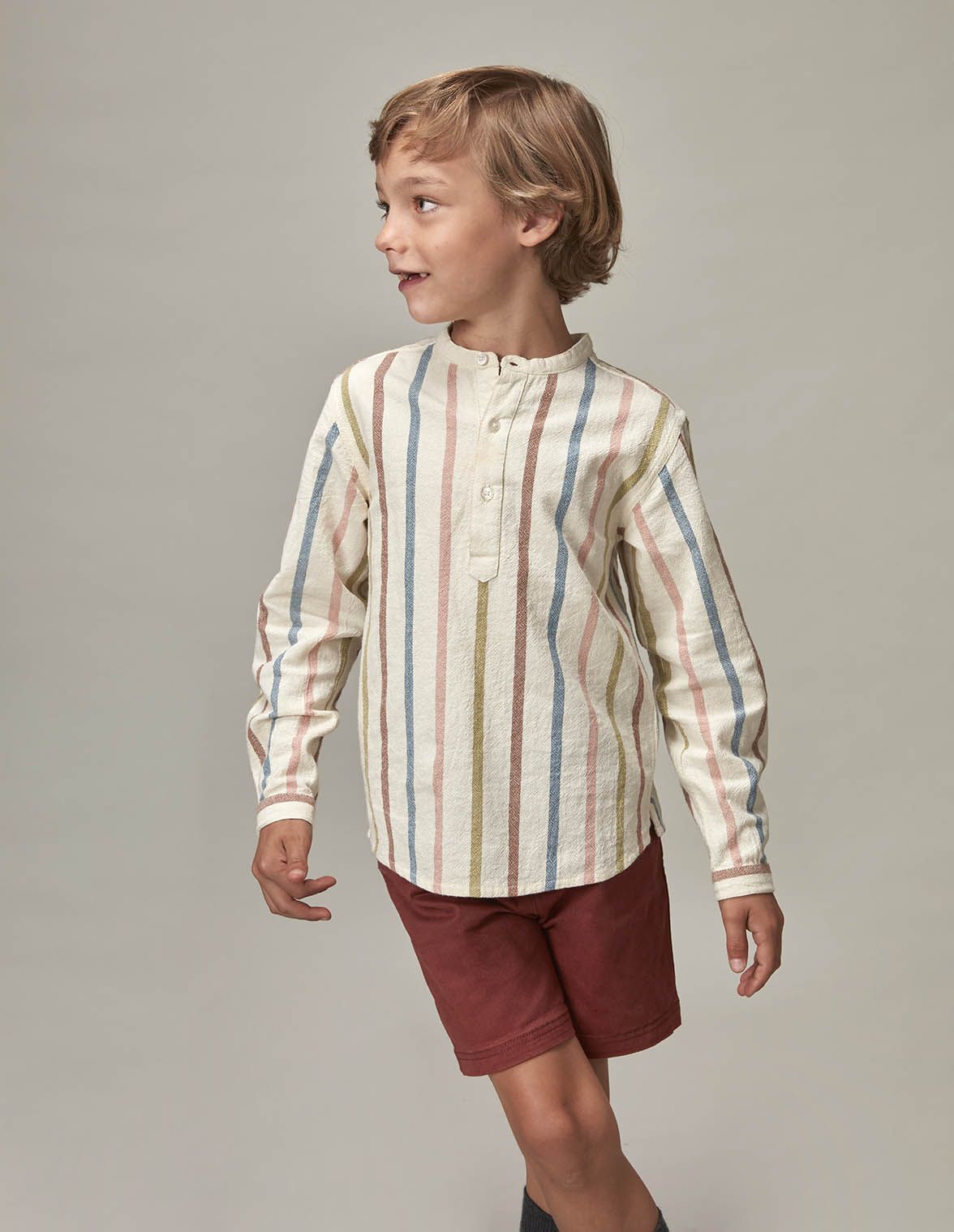 Camisa cuello mao rayas multicolor crudo para nino infantil