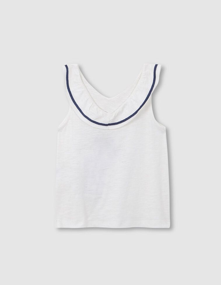 Camiseta blanco roto con volante en el cuello con cinta a con