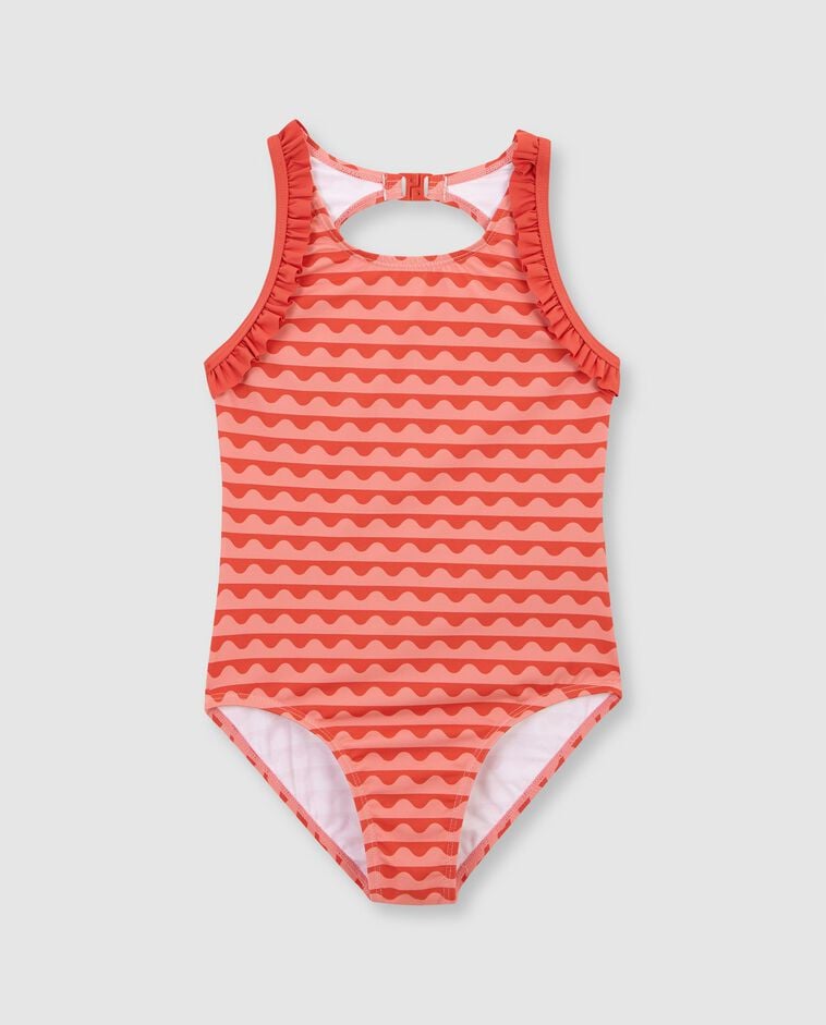 Ba&ntilde;ador estampado de ondas con volantes rosa
