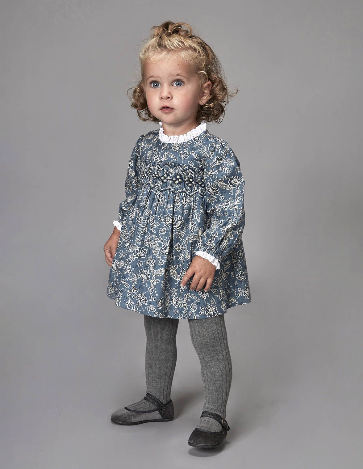 Vestido de flores con smock gris para nina bebe Gocco