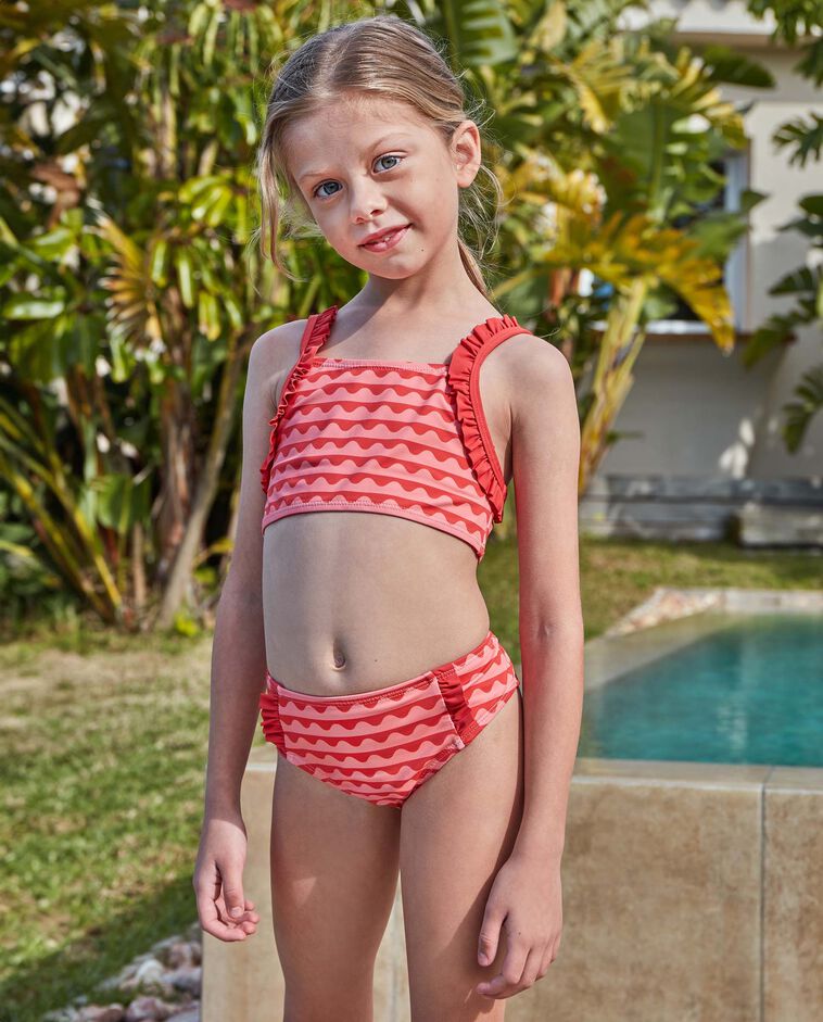 Bikini estampado de ondas con volantes rosa