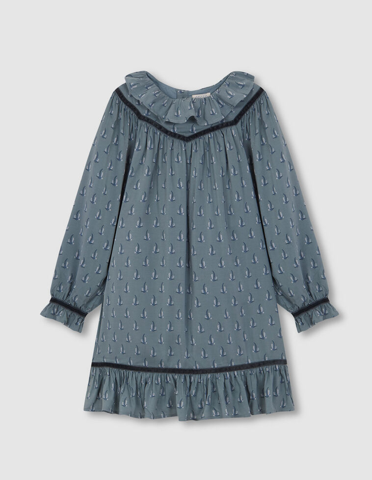 Vestido Estampado De Viscosa Con Cuello Volante  Azul Claro