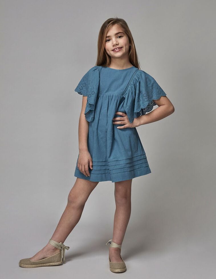 Vestido manga  troquelada azul