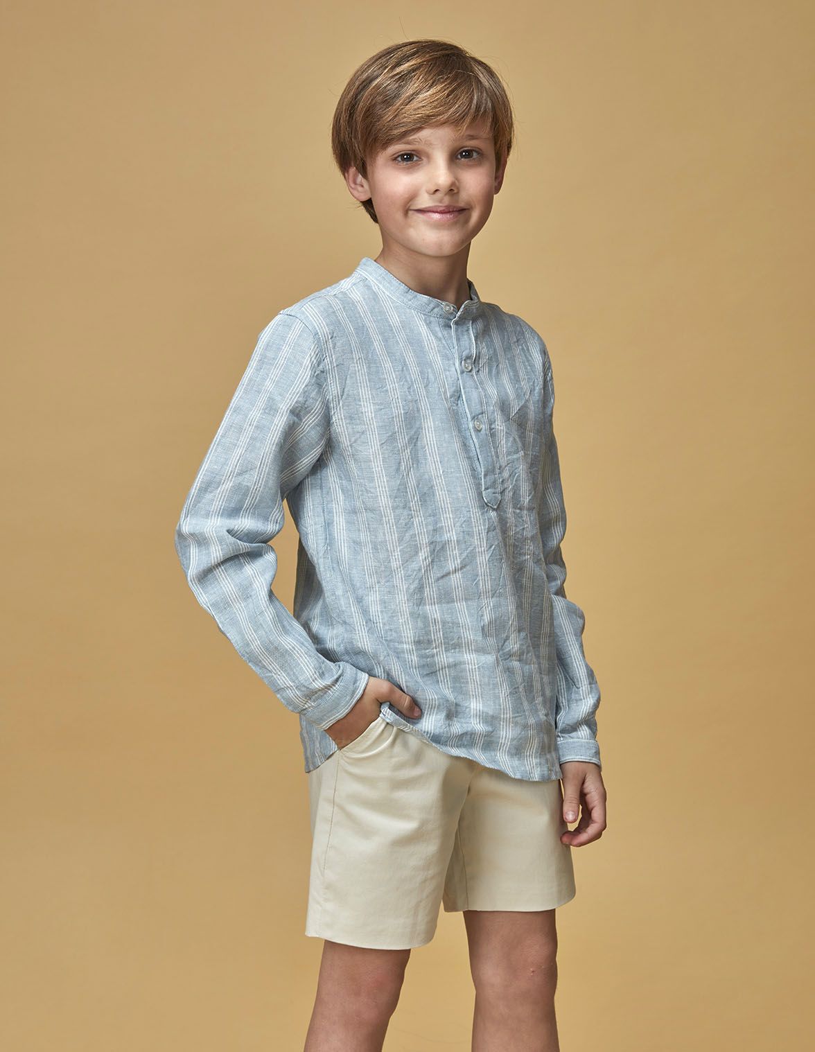 Camisa cuello mao rayas azul claro para nino Gocco