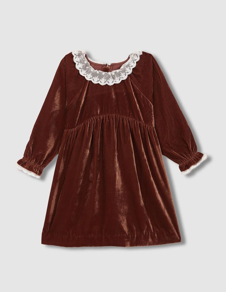Vestido terciopelo rojo con tira bordada en cuello y puños