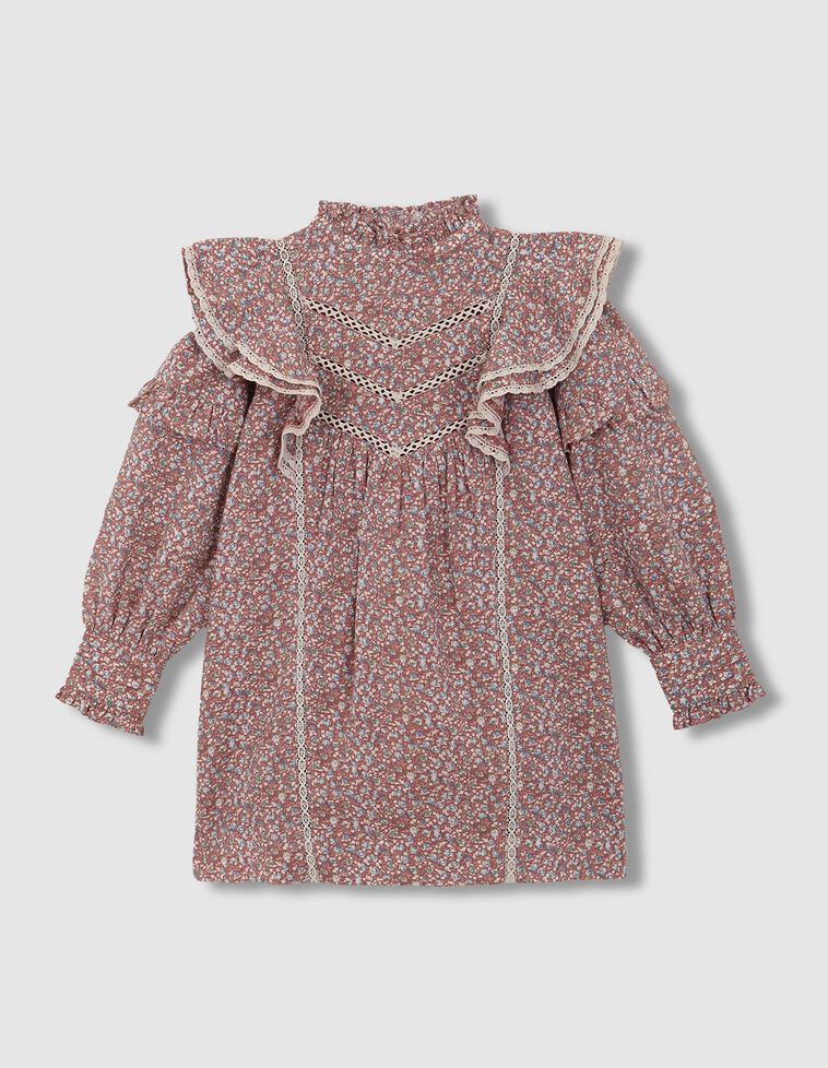 Vestido estampado de flores con tiras bordadas granate