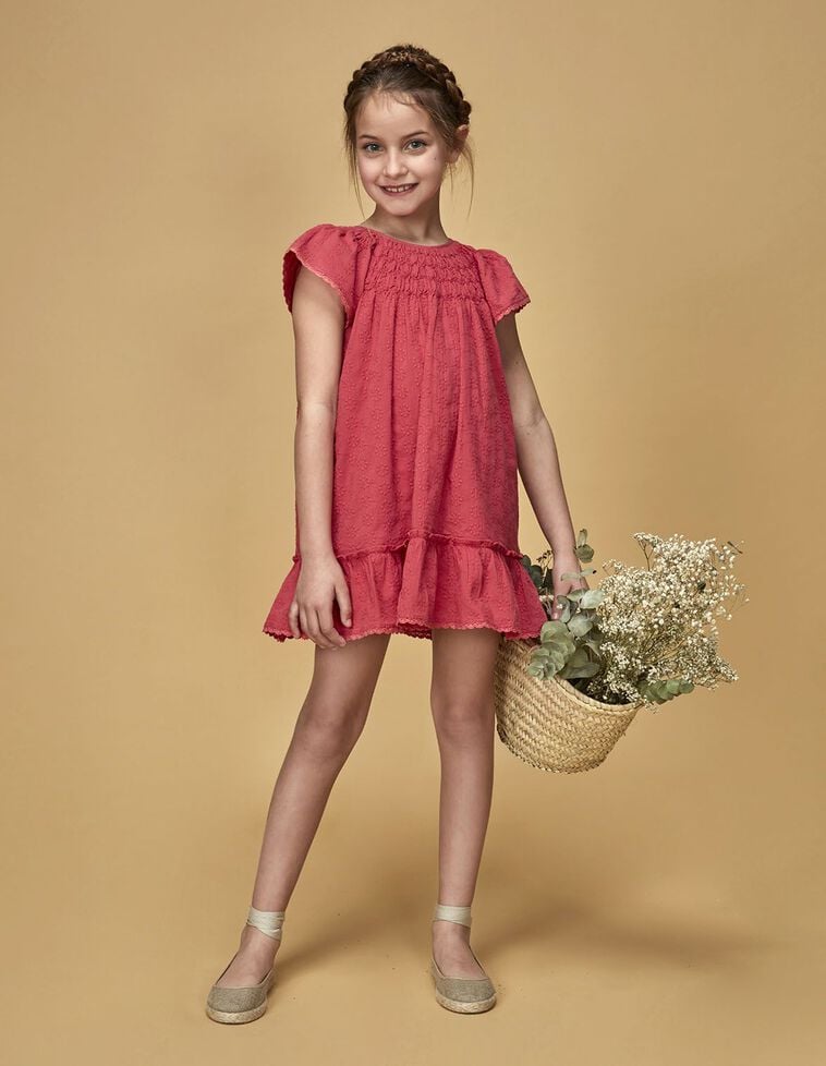 Vestido nido de abeja con tiras bordadas rosa