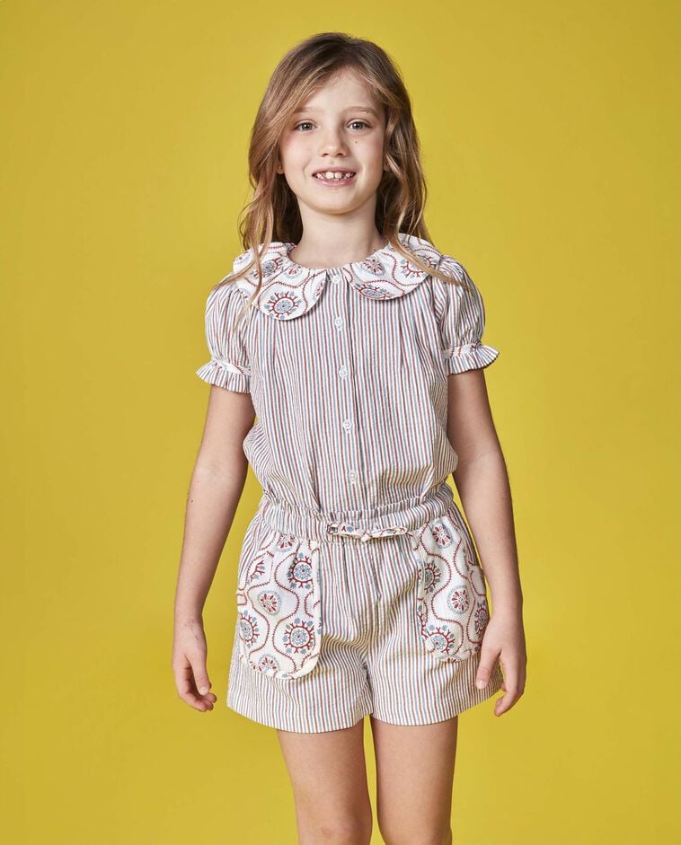 Blusa de manga corta con tejidos a contraste blanco