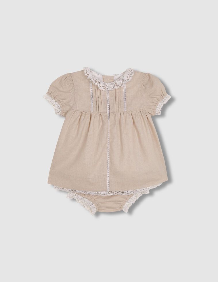 Vestido con lino y tiras bordadas marrón