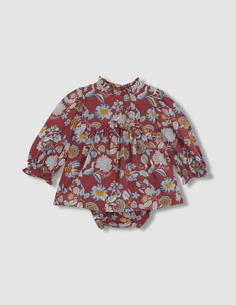 Vestido estampado con smock en cuello rojo