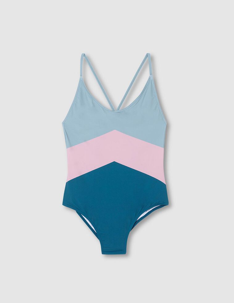 Bañador escote pico con cortes de colores petróleo, rosa y ve
