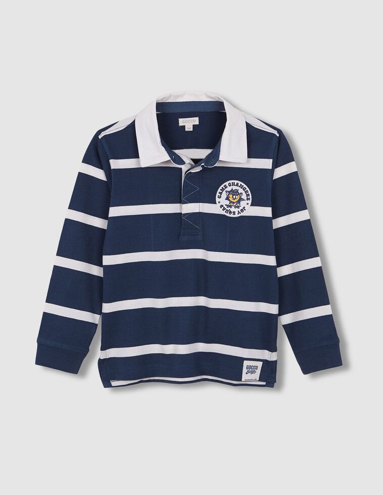 Polo de rayas con parche gráfico azul