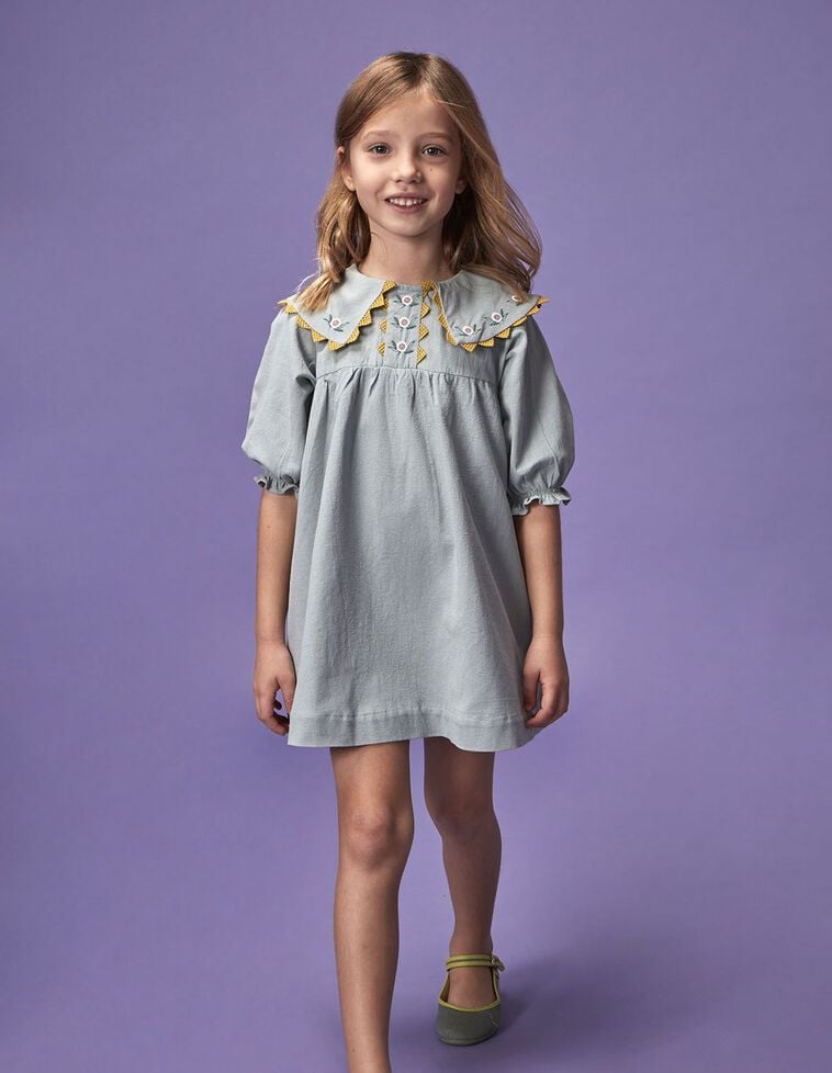 Vestido con cuellos pico bordados azul