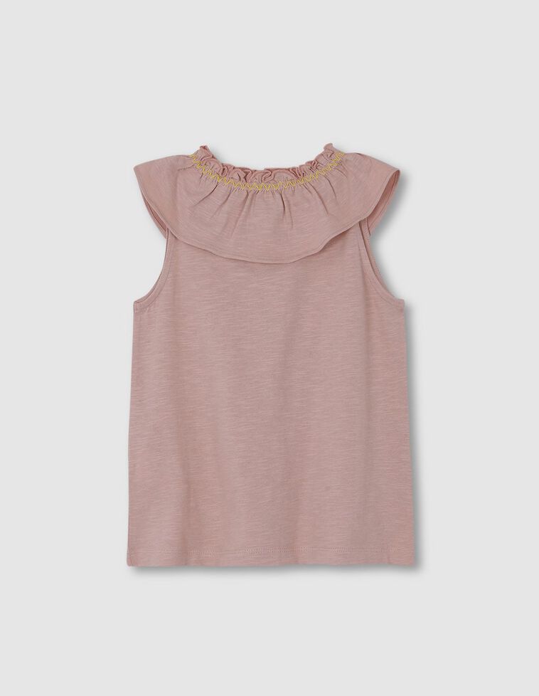 Camiseta cuello volante y bordado rosa viejo