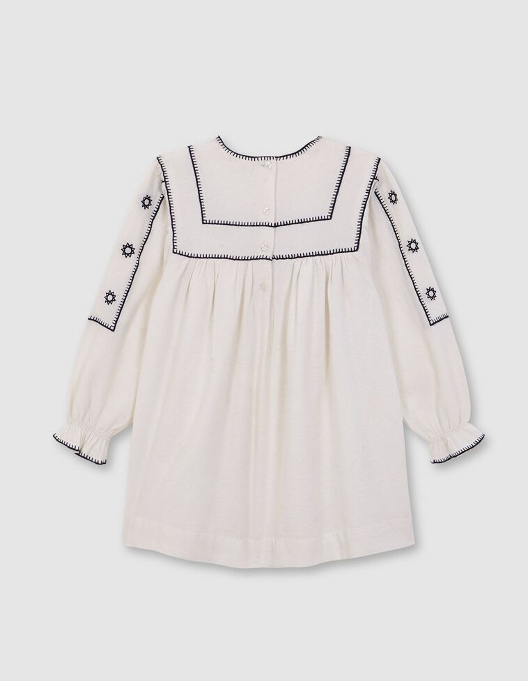 Vestido Talle Alto Con Bordados Y Tiras Bordadas En Contraste. Crudo