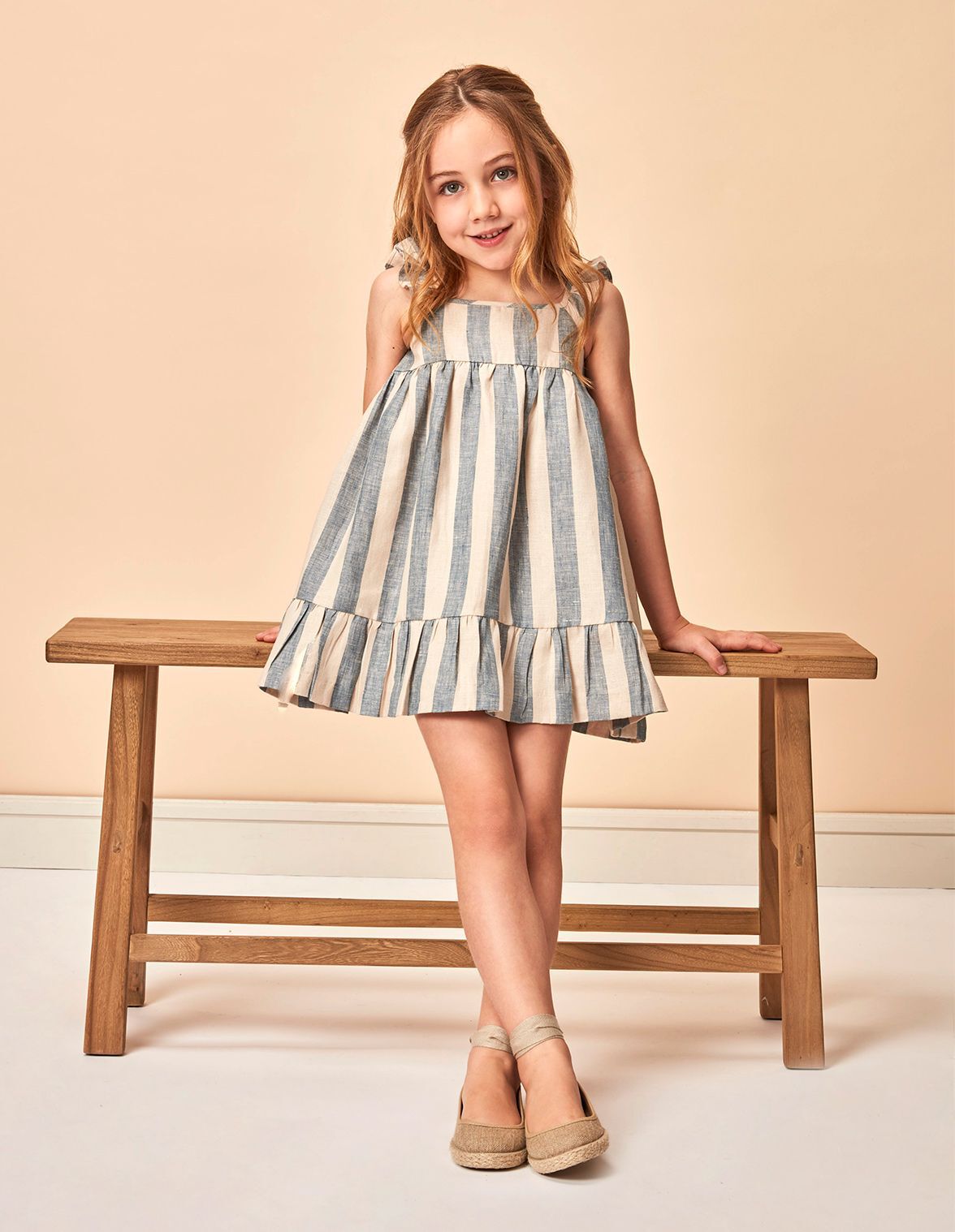 Vestido de rayas de lino azul y piedra Ropa infantil