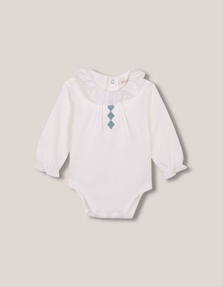 Body manga con volante en cuello blanco