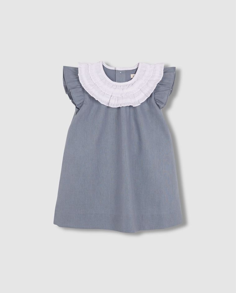 Vestido lino cuello contraste azul