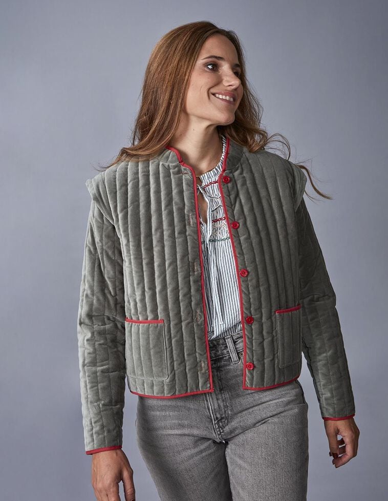 Chaqueta de terciopelo con contraste para madre verde Chaqueta de terciopelo con contraste para madre verde