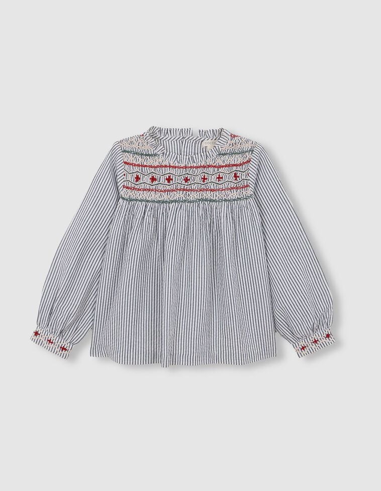 Blusa de rayas con nido de abeja a mano azul claro