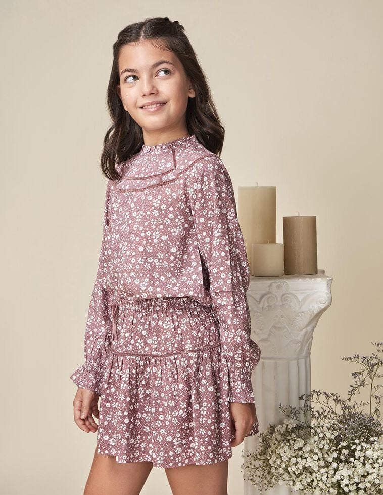 Falda estampada con volante morado Falda estampada con volante morado