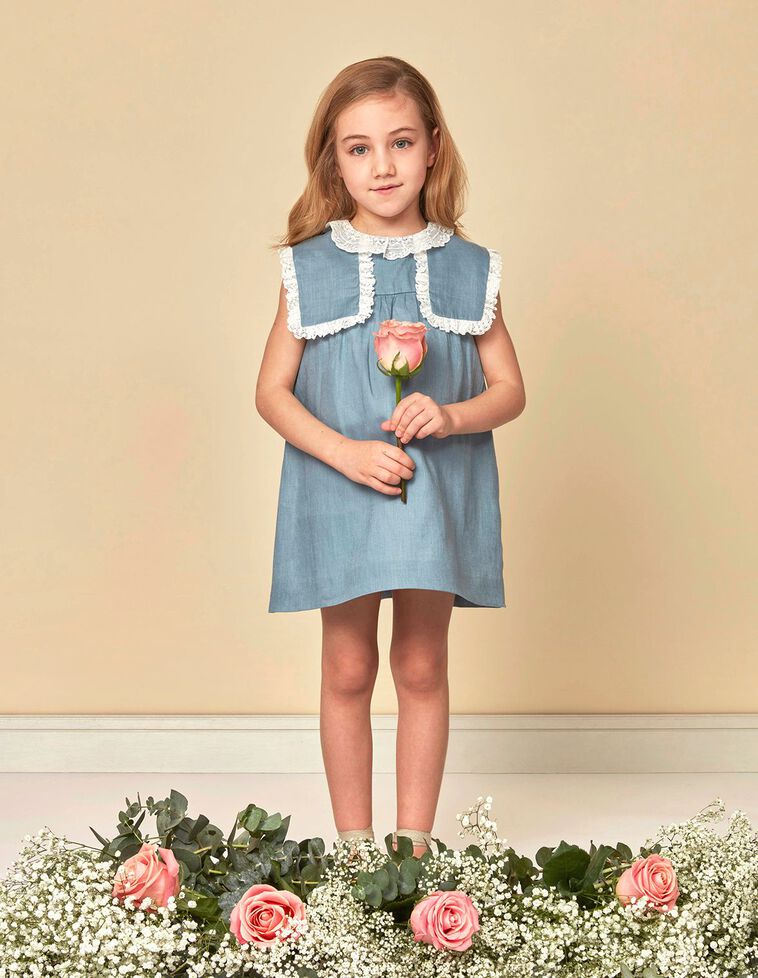 Vestido lino con tiras bordadas turquesa oscuro