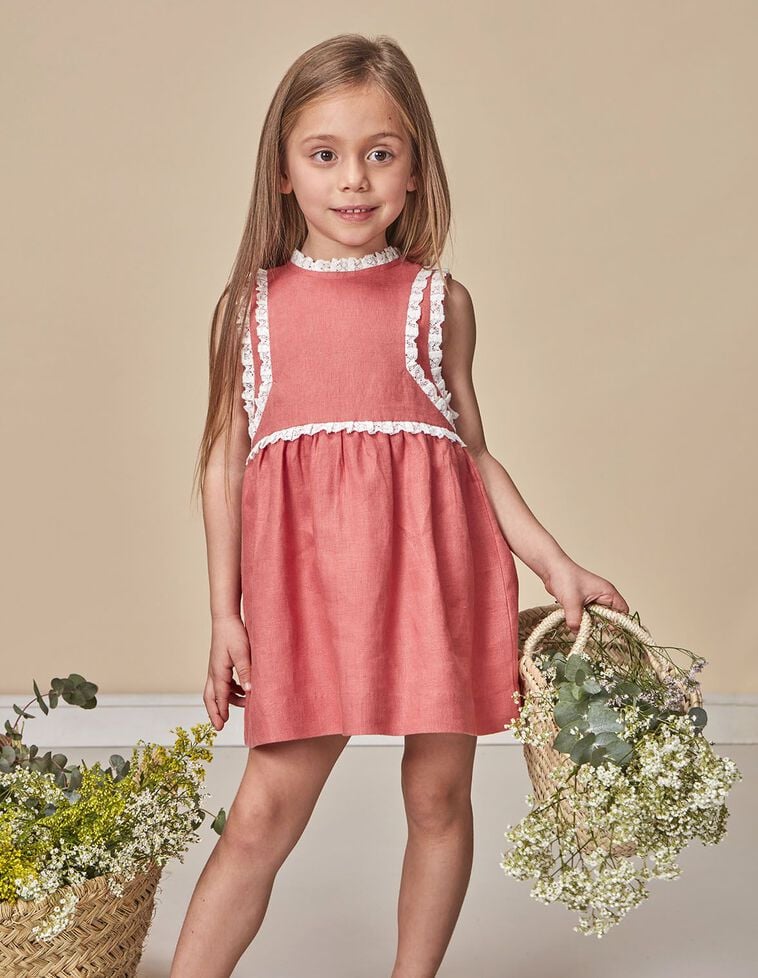 Vestido lino con tiras bordadas  rosa