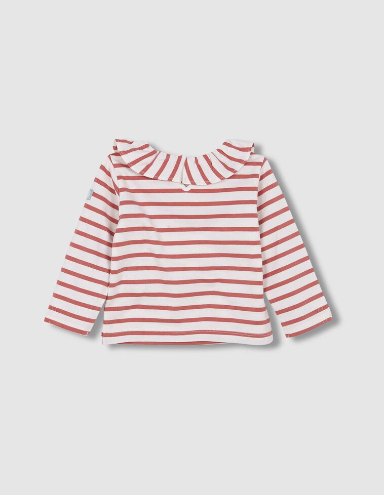 Sudadera con rayas coral y blanco roto con volate en el cuel