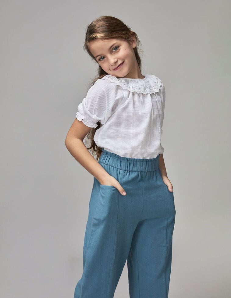 Camisa manga  corta con tira bordada blanco