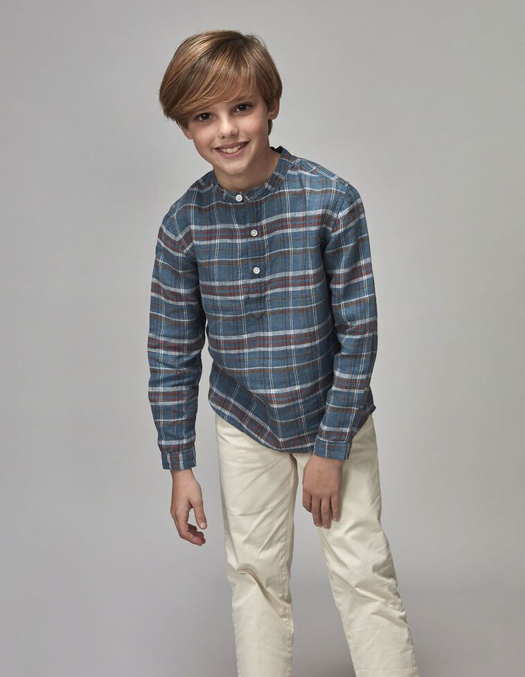 Camisa de cuadros cuello mao azul